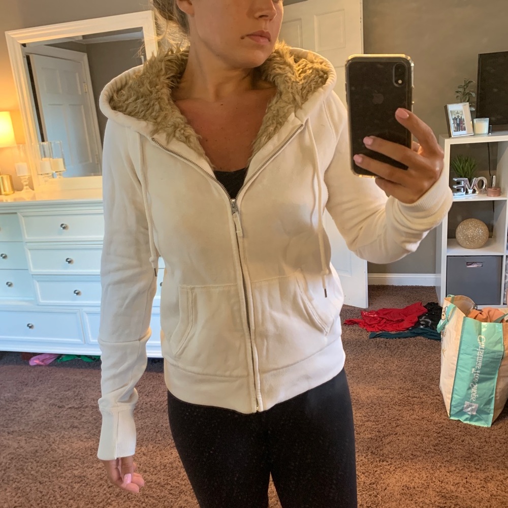 Cream fur lined zip up sweatshirt